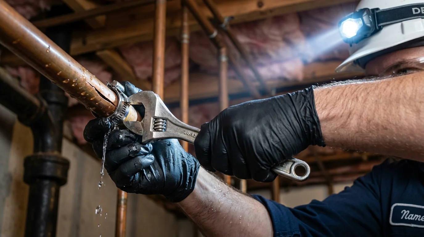 Emergency pipe clamp repair being performed by a Johns Plumbing LLC plumber in Stratford