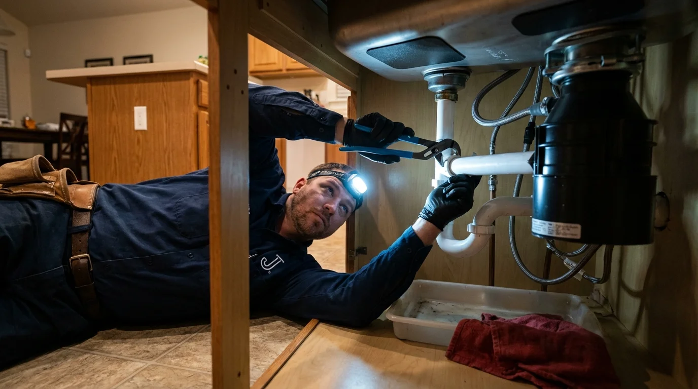 P-trap and supply line connections under a kitchen sink showing a common leak point in Stratford, NJ